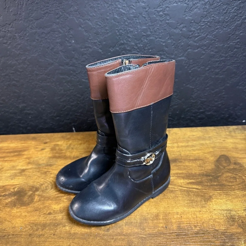 Michael Kors Makena MKS10102T‎ Black Brown PU Leather Riding Boots Girls Size 10